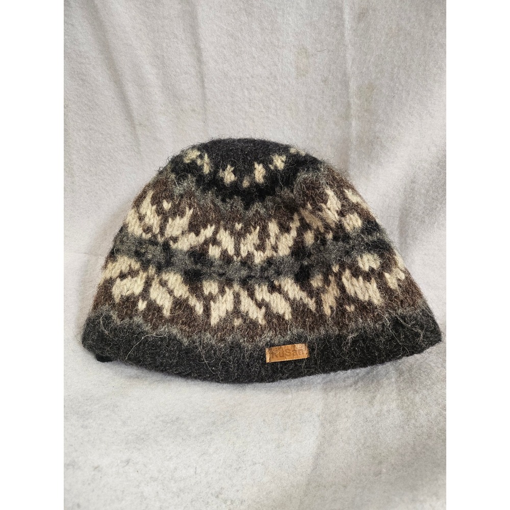 Kusan Wool Fair Isle Beanie Hat Fleece Lined Grey Brown Knit Winter Cap Small